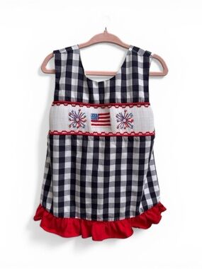 Stitchy Fish 4th of July Blue & White Gingham Tank Top with tie bow in the back